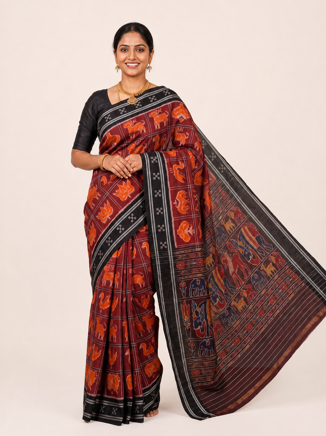 Maroon Traditional Animal Motif Handloom Saree Sambalpuri Handloom Saree