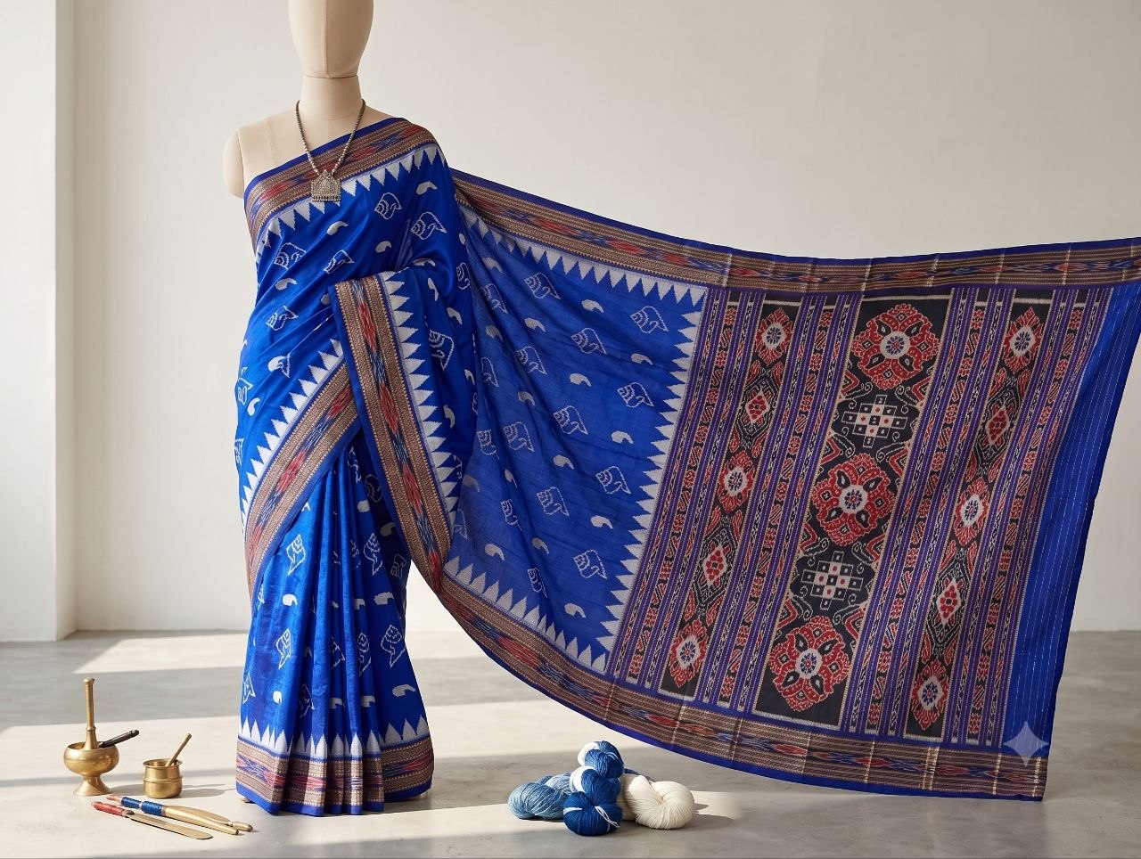 Royal Blue Sankha Motif Khandua Silk Saree
