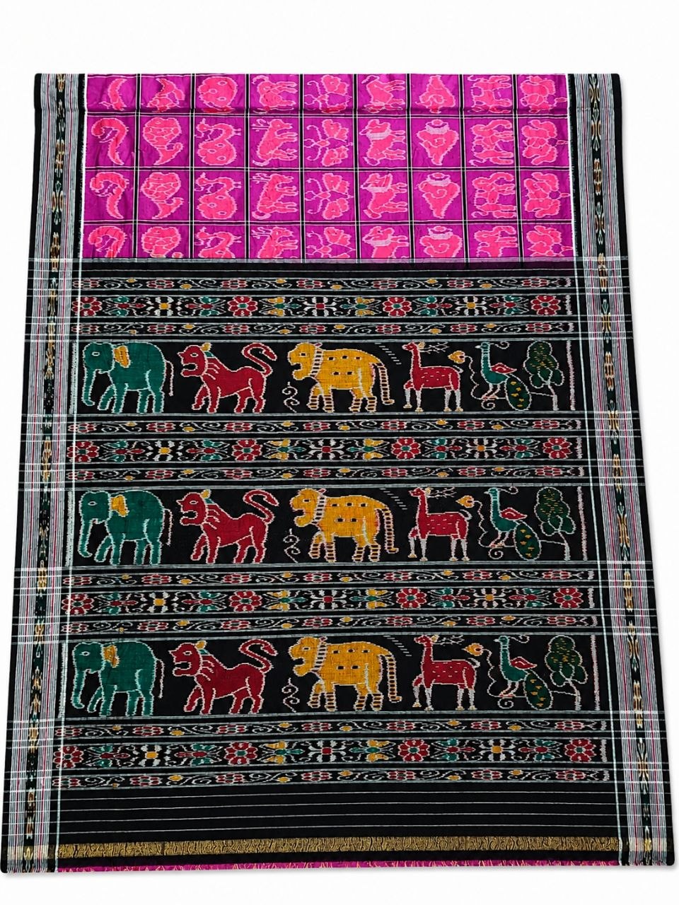 Pink Sambalpuri Handloom Cotton Saree with Traditional Animal Motifs