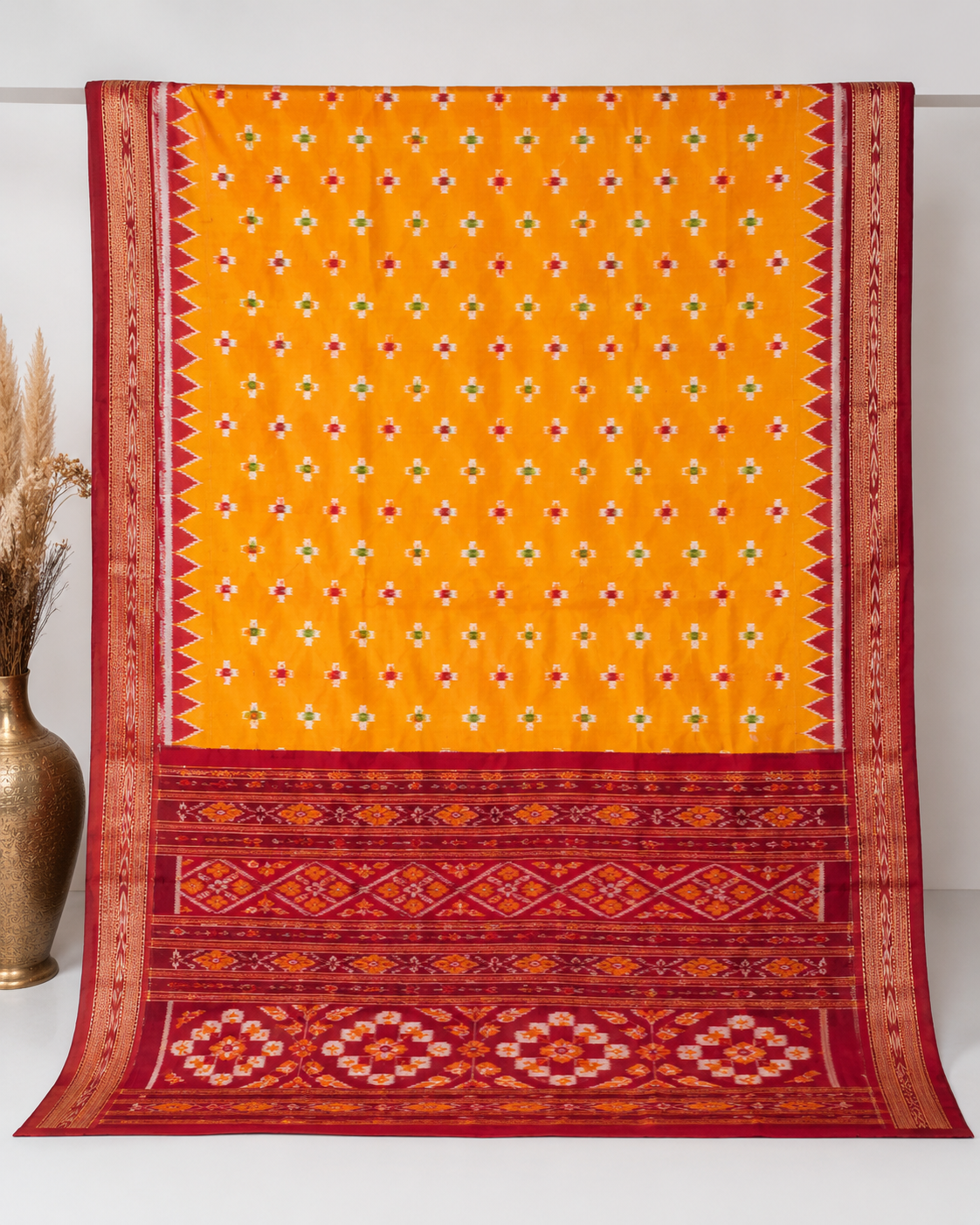 Golden Orange Multicolour Buti Khandua Silk Saree
