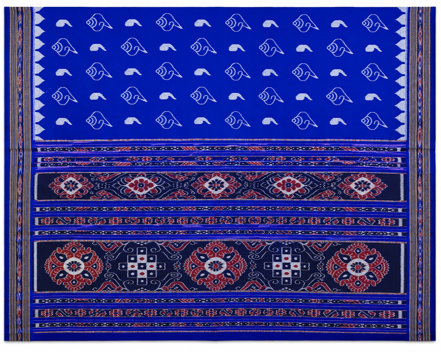Royal Blue Sankha Motif Khandua Silk Saree with Traditional Anchal gallery