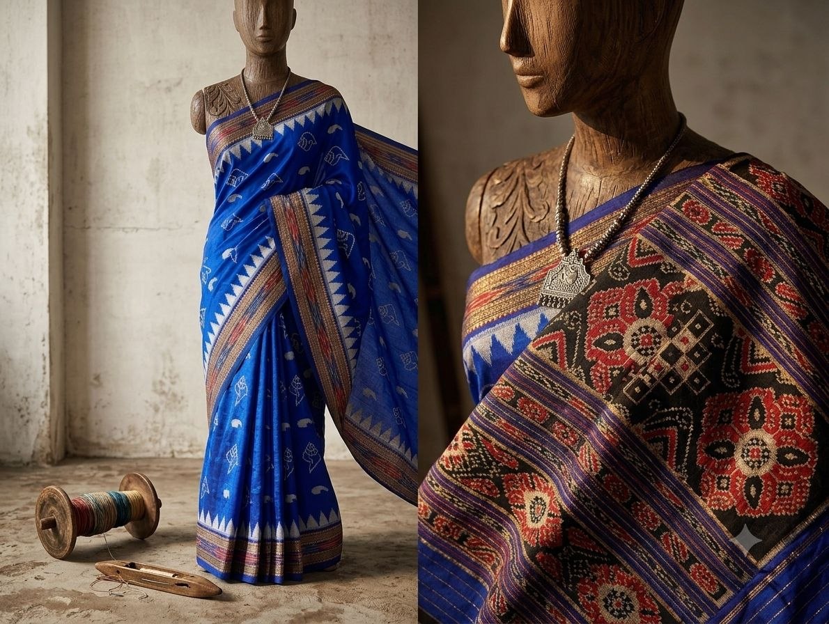 Royal Blue Sankha Motif Khandua Silk Saree with Traditional Anchal gallery