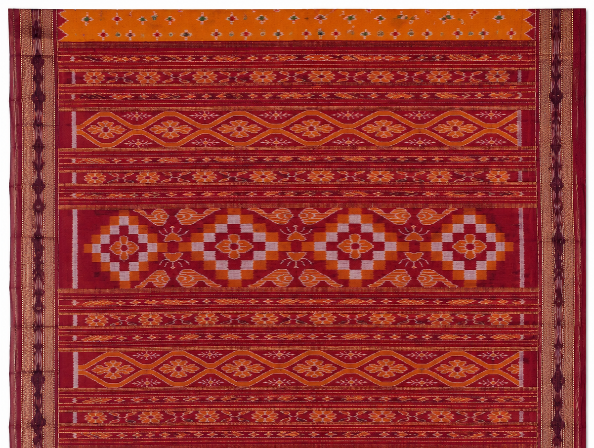 Golden Orange Khandua Silk Saree with Multicolour Buti & Traditional Anchal gallery