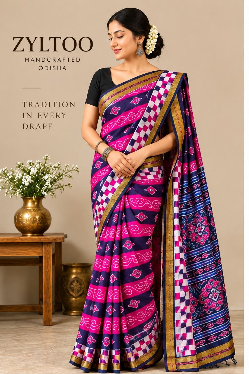 Magenta & Navy Blue Traditional Odisha Handloom Saree gallery
